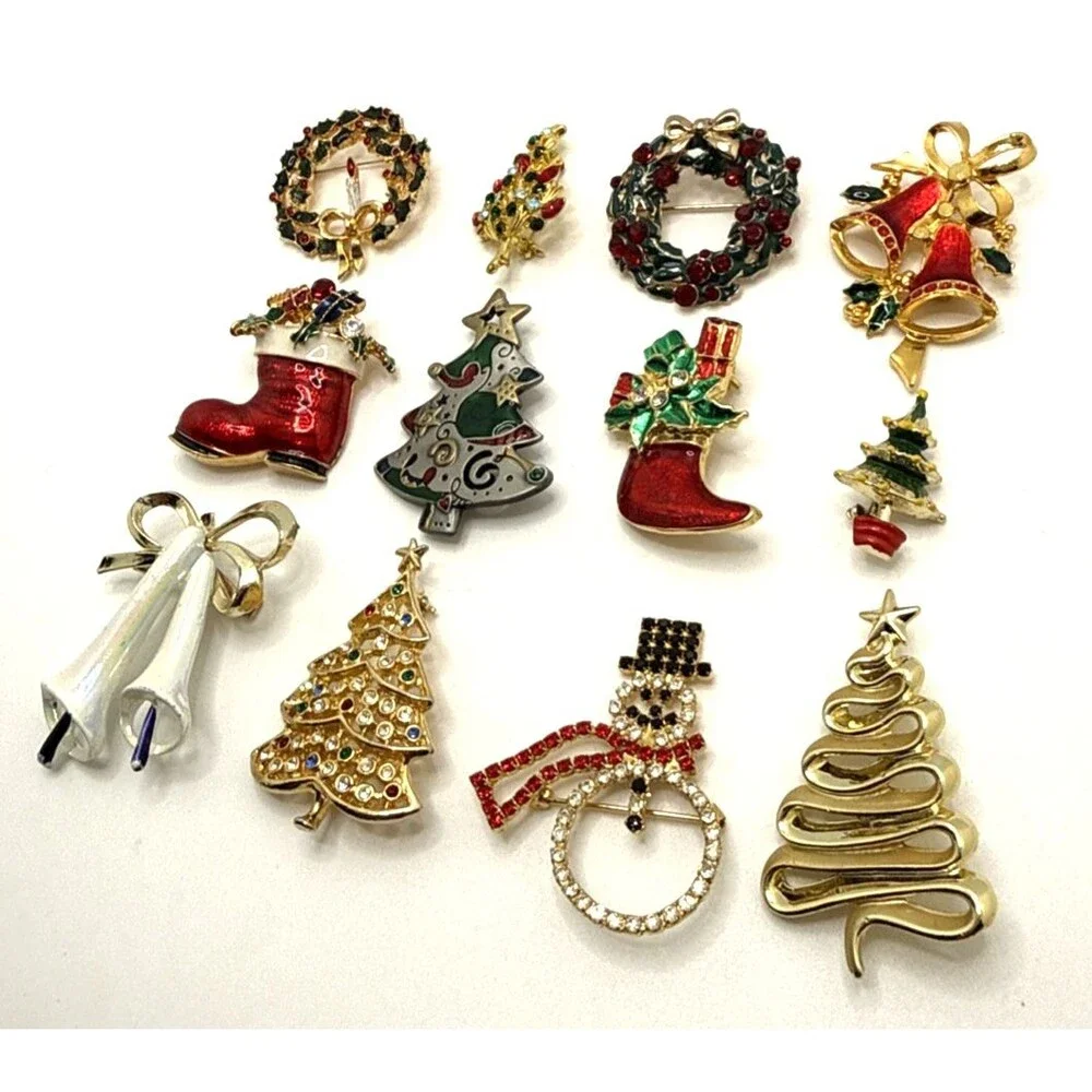 Vintage Rhinestone Enamel Christmas Brooches Trees Bells Wreaths Stockings 12 Pc